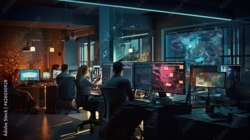 A scene showcasing a team of software developers coding, collaborating, and testing applications in a modern development environment
A scene showcasing a team of software developers coding, collaborating, and testing applications in a modern development environment