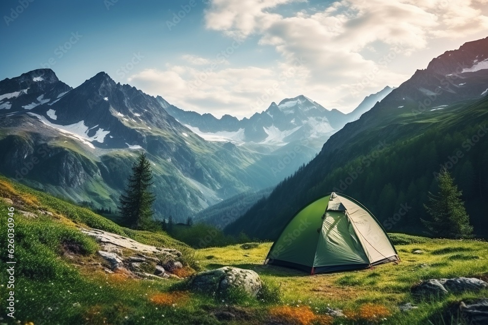 Tourist Tent Camping in Mountains