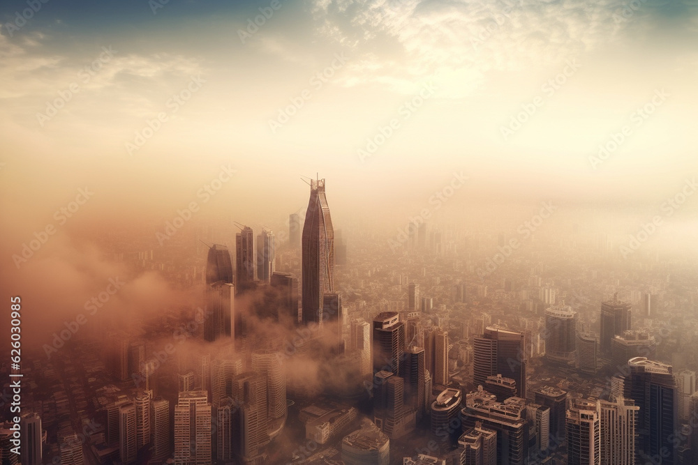 smog over big city with skyscrapers. generative ai