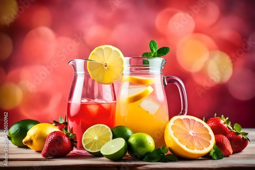 Pink and yellow lemonade made of strawberries and lemons