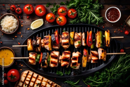 Grilled meat on the grill and vegetables on the table