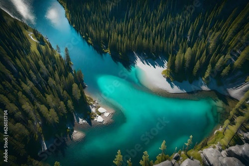 Scenic aerial view of the mountain landscape with a forest and the crystal blue river