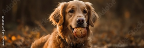 golden retriever dog holding a ball in his mouth - generative ai