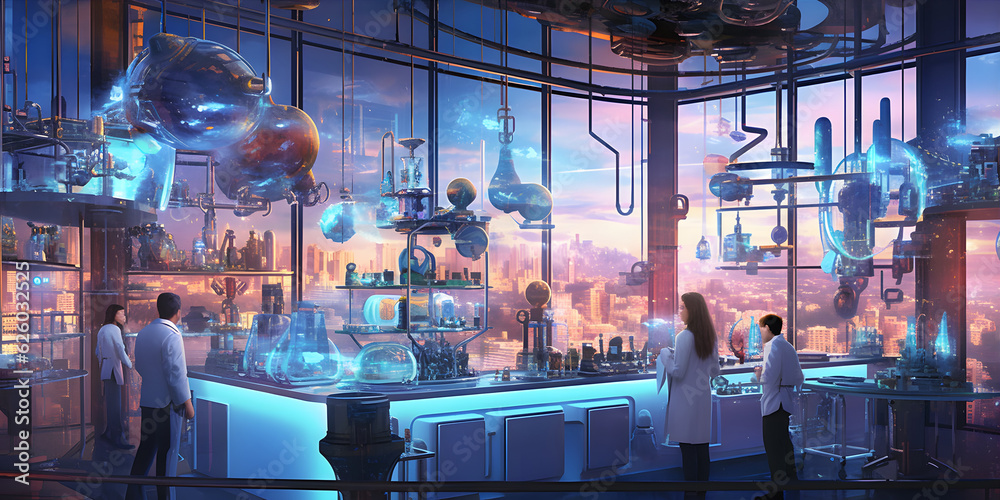 Futuristic laboratory with holographic displays and robotic assistants, bustling with activity, set in a high-tech cityscape at dusk, exuding an energetic and innovative atmosphere