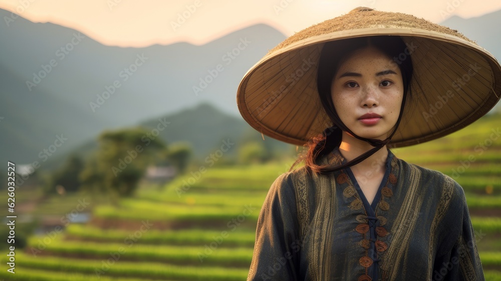 beautiful asian woman farmer in rice