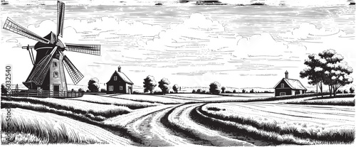 Photo Old windmill and field with haystacks , Hand-drawn sketch of a windmill with a t