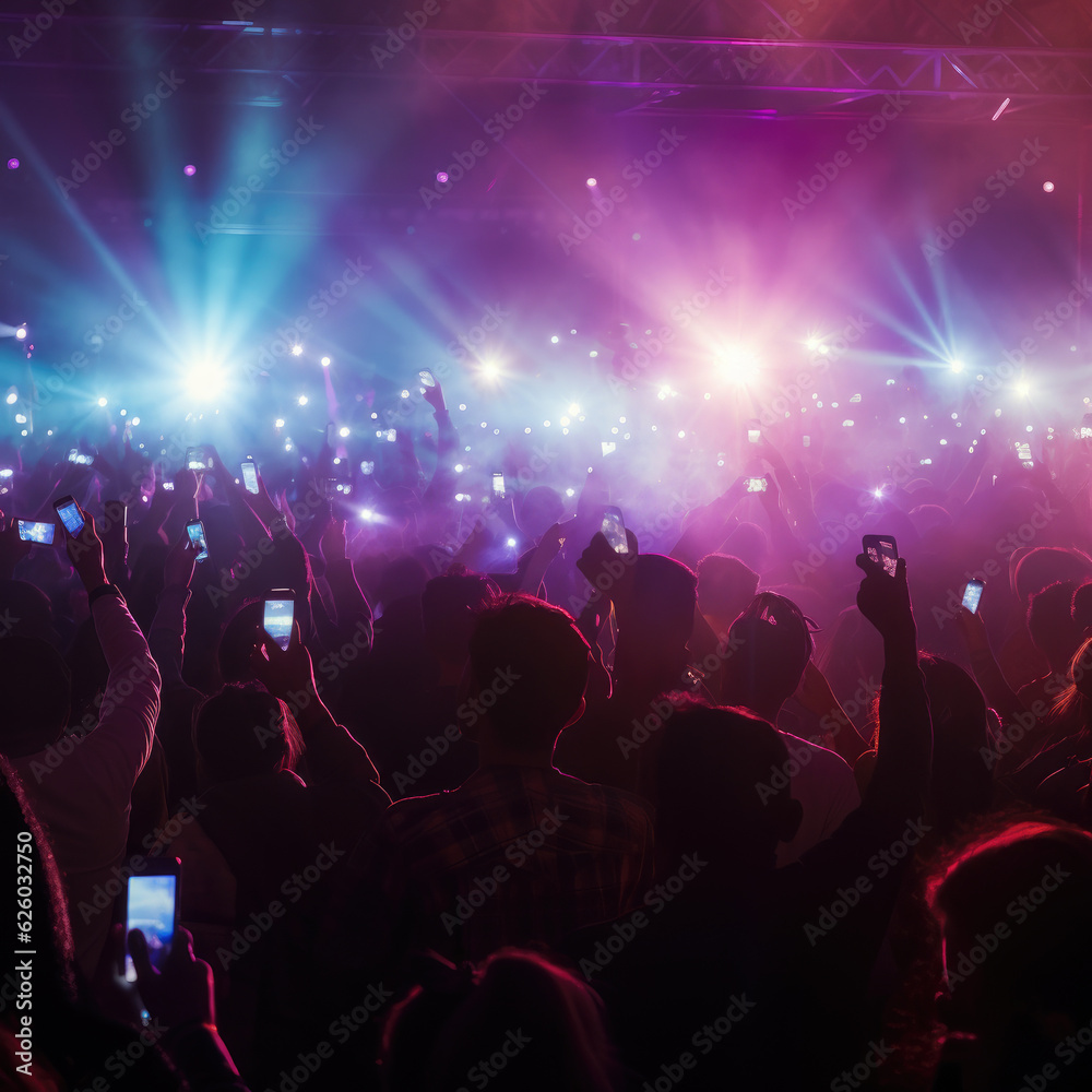 AI Generative, A crowd of people at a live event, concert or party holding smartphones. Large audience, crowd, or participants of a live event, in a arena type venue with bright lights above