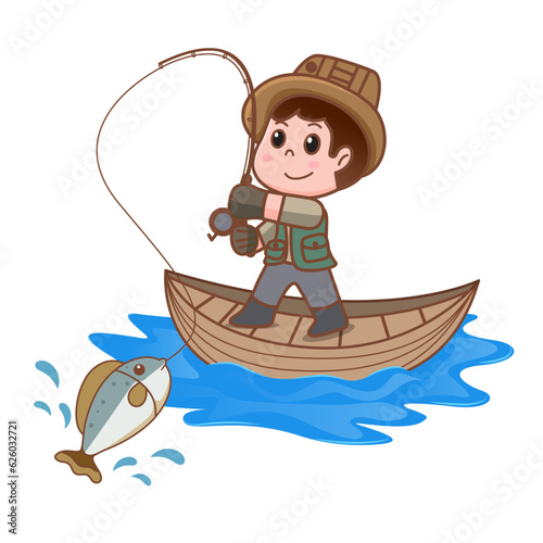 vector man fishing in rubber boat illustration.