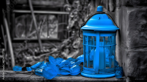 Vivid Blue lantern on the street, selective color photography
