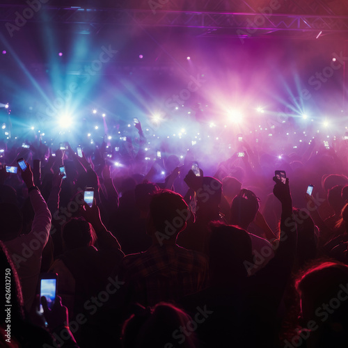 AI Generative, A crowd of people at a live event, concert or party holding smartphones. Large audience, crowd, or participants of a live event, in a arena type venue with bright lights above © Lens_Lore