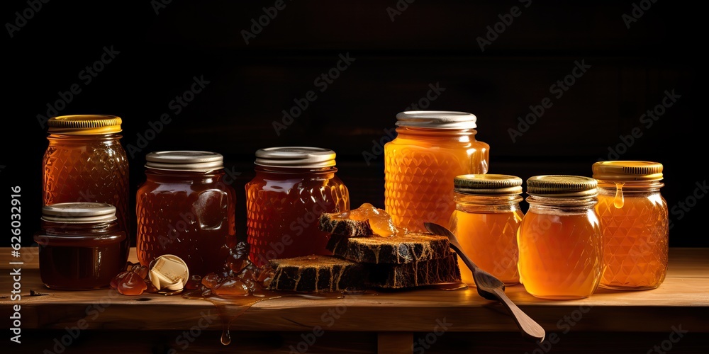 AI Generated. AI Generative. Honey gar bottles containers on kitchen. Sweet dessert organic sugar food on kitchen mock up decoration background view many sorts. AI Generated. AI Generative. Honey gar bottles containers on kitchen. Sweet dessert organic sugar food on kitchen mock up decoration background view many sorts.