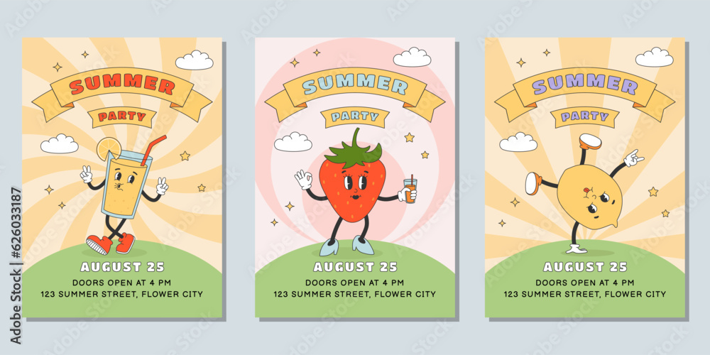 Set of summer party poster templates. Cute cartoon lemonade, strawberry and lemon character in y2k groovy style. 