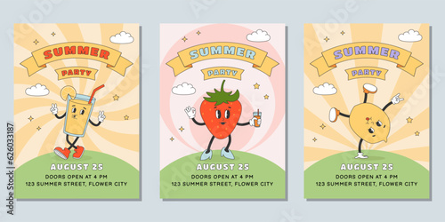 Set of summer party poster templates. Cute cartoon lemonade, strawberry and lemon character in y2k groovy style. 