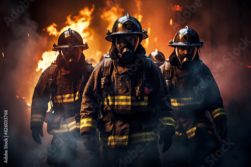 Heroic team of professional firefighters on the background of a wall of fire. Generative AI illustration