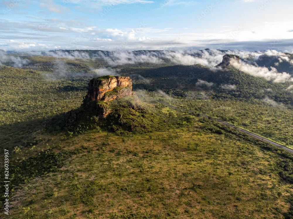 Fototapeta premium Beautiful sandstone hill in Brazilian savannah sunrise