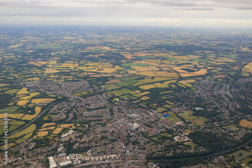An aerial view of the English countryside as shot from an airplane
