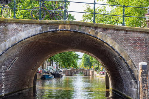 Photography Multiple bridges extend over a canal in Amsterdamn