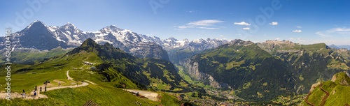 A panorama of the Swiss Alps from the Royal Walk viewpoint in Mannlichen Switzerland