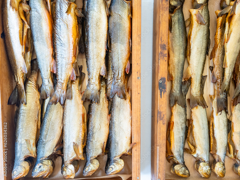 Fototapeta premium Trays of smoked trout and smoked salmon at a fish market