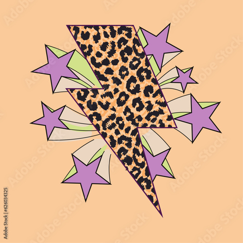 Design for t-shirt of the symbol of thunder with animal print surrounded by stars on a pink background. Vector illustration for the textile industry.