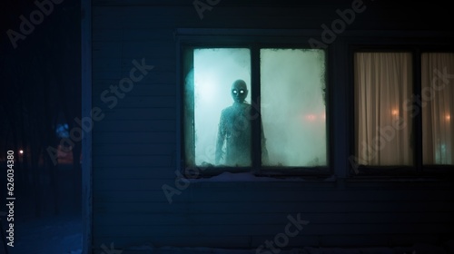 Horror scene. A scary ghost looks out of the illuminated window of the house. Haunted house.   oncept for spooky Halloween. Generative AI illustration for design.
