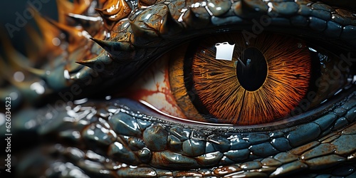 AI Generated. AI Generative. Myth fantasy dragon eye. Macro close up illustration decoration graphic art view lokk watching at you © AkimD