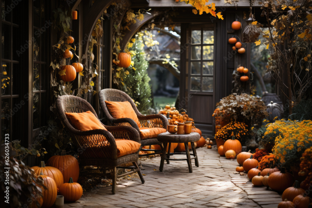 Porch of the backyard decorated with pumpkins and autumn flowers

