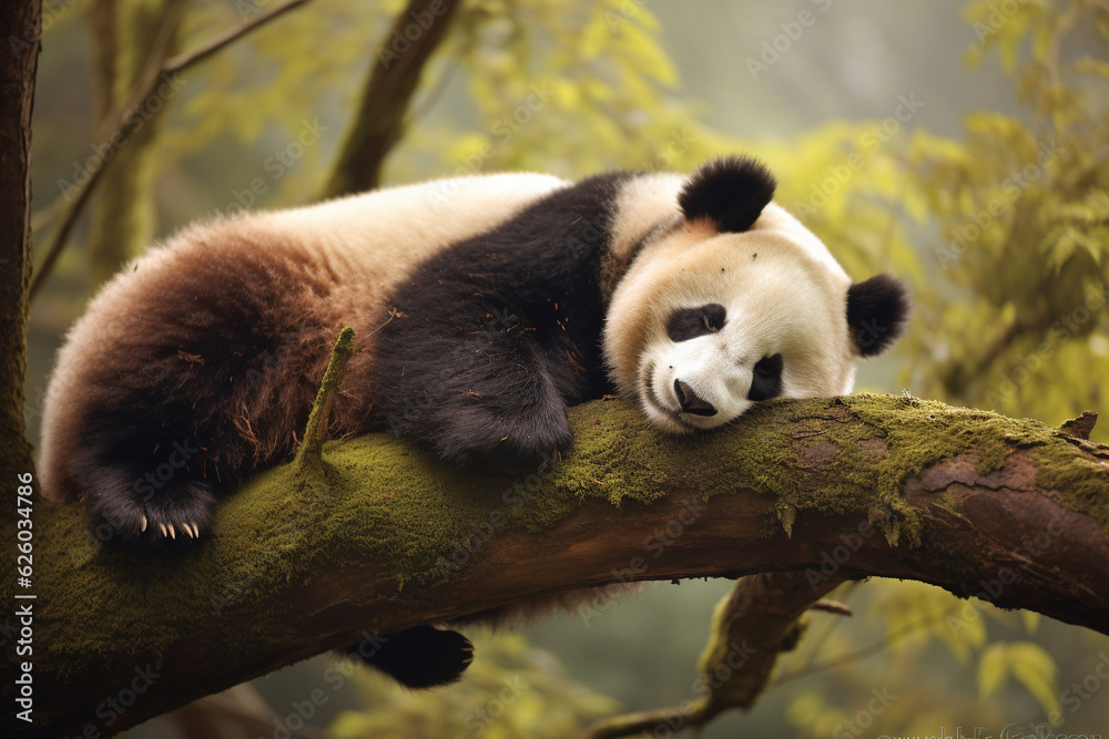 Fototapeta premium Panda Bear Sleeping on a Tree Branch China. generative ai