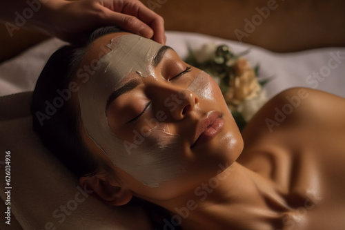 The girl enjoys mud face mask in a spa salon. Luxury treatment. Generated AI