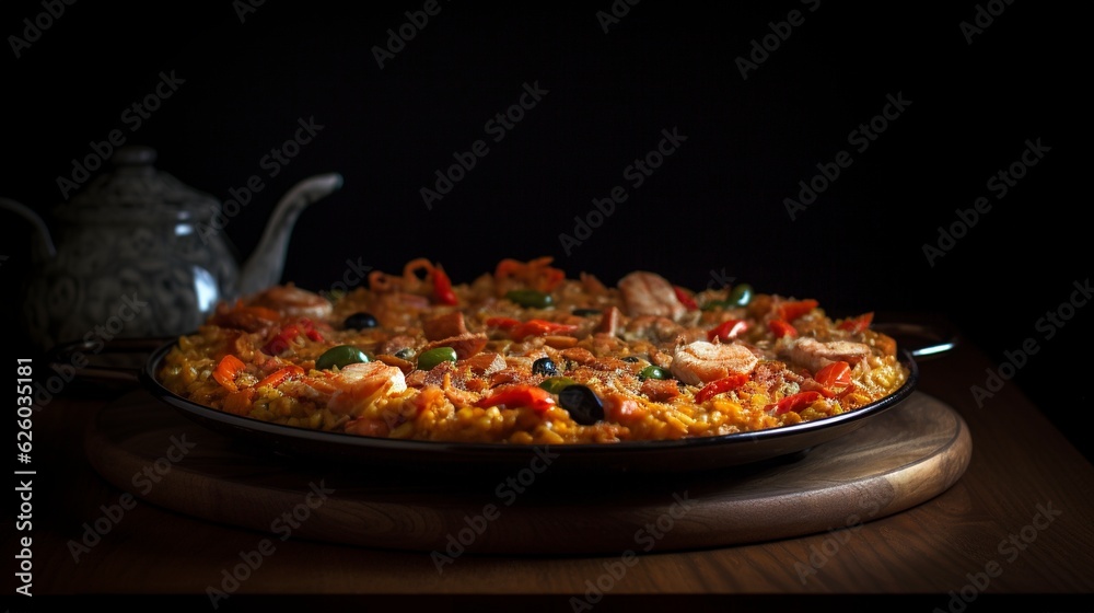 A photo with presentation of delicious Paella, food photography, gourmet food created with Generative AI technology