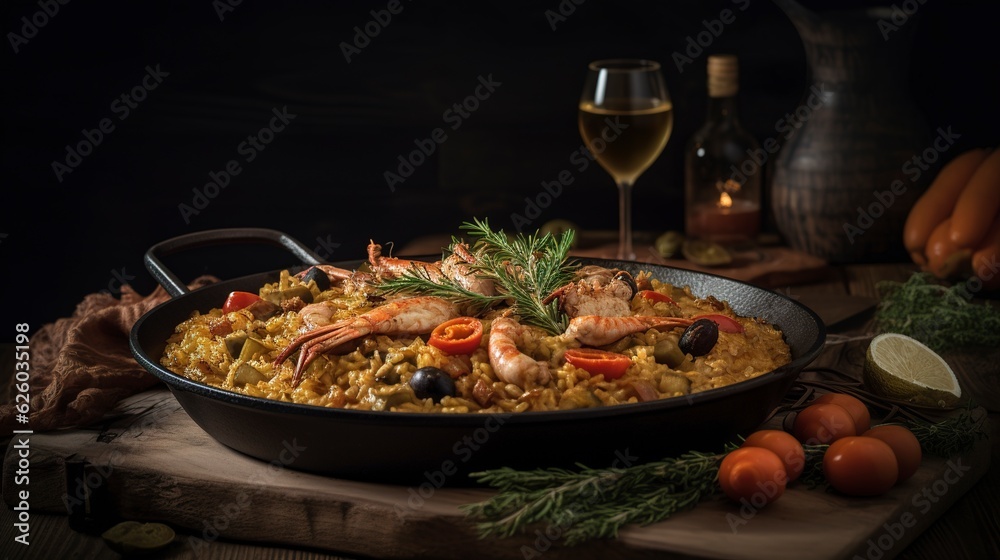 A photo with presentation of delicious Paella, food photography, gourmet food created with Generative AI technology