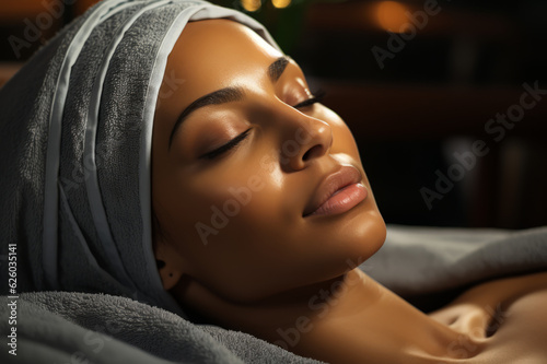 Calm serene young woman in spa bathrobe and towel relaxing after taking treatment with her eyes closed at spa. Beauty treatment concept. Body skin and hair care. Generated ai.