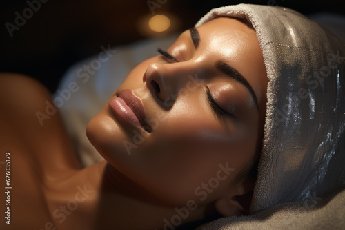 Calm serene young woman in spa bathrobe and towel relaxing after taking treatment with her eyes closed at spa. Beauty treatment concept. Body skin and hair care. Generated ai.