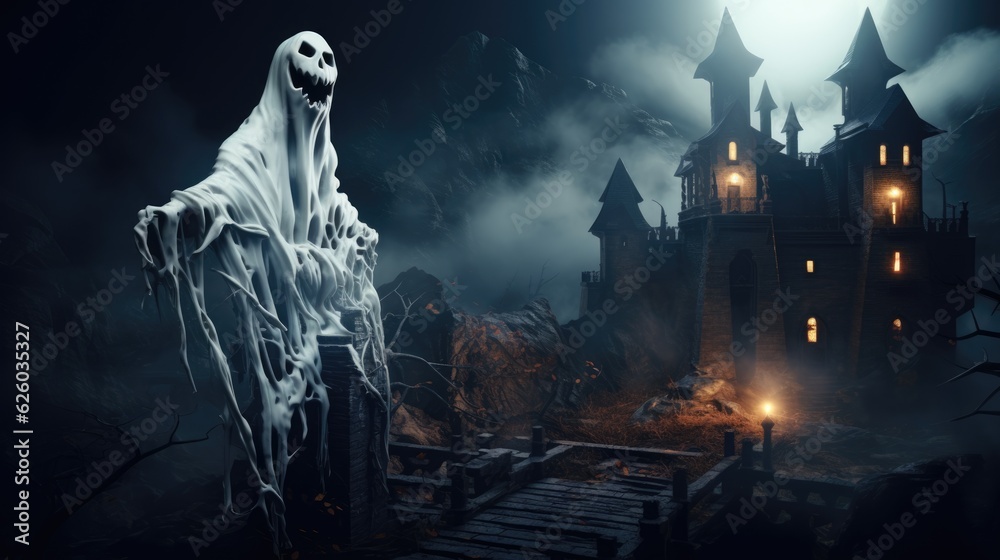 Halloween background with spooky castle and ghost. Generative AI. Halloween background with spooky castle and ghost. Generative AI.