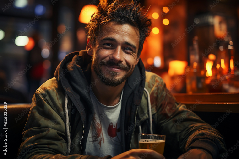 beautiful man in a pub drinking beer with a smile, portrait beautiful man in a pub drinking beer with a smile, portrait