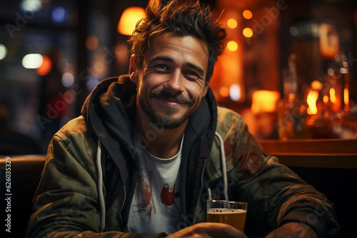 beautiful man in a pub drinking beer with a smile, portrait