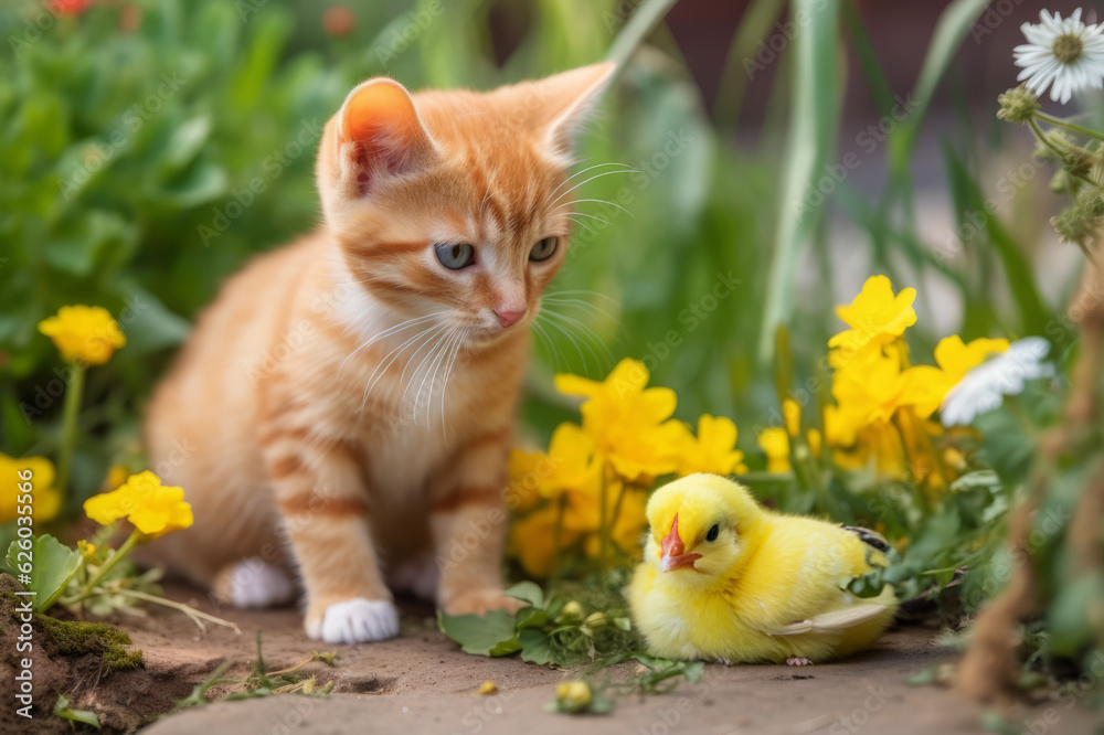 A kitten plays with a baby chick. Generated ai