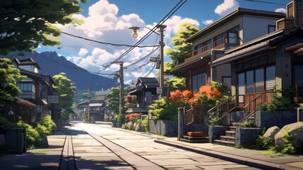 a beautiful japanese tokyo city town in the evening. houses at the street. anime comics artstyle. cozy lofi asian architecture. 16:9 4k resolution. Generative AI