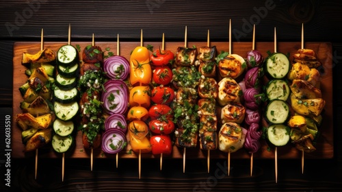 Vegetarian kebabs with vegetables on skewers on a wooden background. Generative AI.