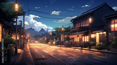 a beautiful japanese tokyo city town in the evening. houses at the street. anime cartoonish artstyle. cozy lofi asian architecture. 16:9 4k resolution. Generative AI