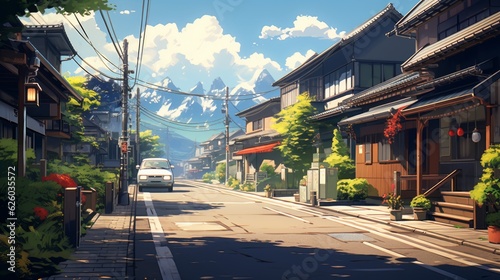 a beautiful japanese tokyo city town in the evening. houses at the street. anime comics artstyle. cozy lofi asian architecture. 16:9 4k resolution. Generative AI