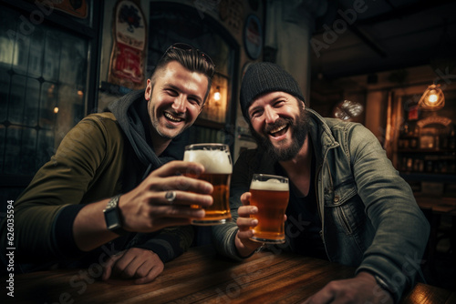 two friends together in a party or a club or a pub, having fun drinking beer or any alcoholic drink