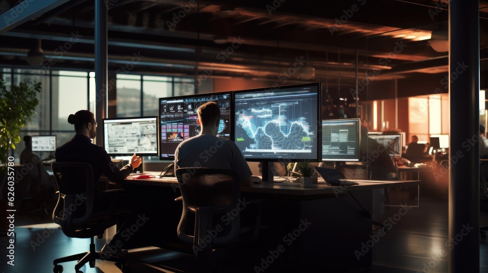 Fototapeta premium A scene showcasing a team of software developers coding, collaborating, and testing applications in a modern development environment