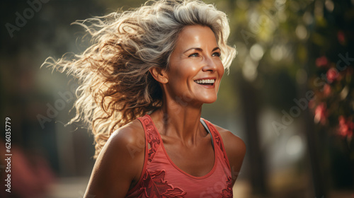 Senior woman, exercise and outdoor for a run, workout and training on road with trees for fitness. Elderly female person happy about cardio for health and wellness while walking or running in summer