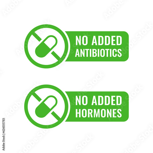 Non Added Antibiotic icon. Non Added hormone icon. Food Without Hormones and Antibiotic free green sign.