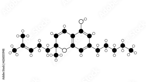 cannabichromene molecule, structural chemical formula, ball-and-stick model, isolated image cannabichrome
