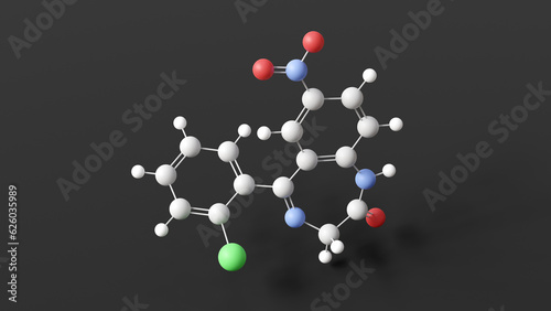 clonazepam molecule, molecular structure, benzodiazepines, ball and stick 3d model, structural chemical formula with colored atoms photo