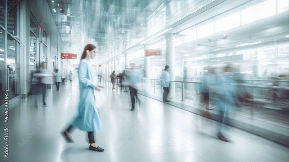 Blurred doctor woman walk fast movement in  hospital with patients waiting on seats background. Generated ai.