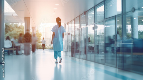 Blurred doctor woman walk fast movement in hospital with patients waiting on seats background. Generated ai.