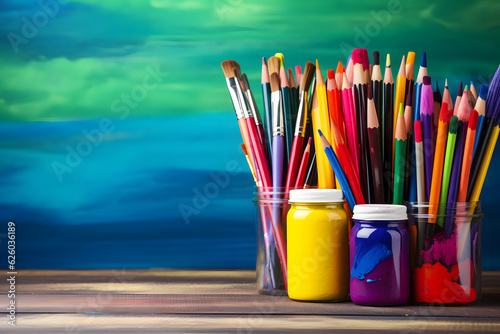 colorful art supplies including paint brushes mark © AGSTRONAUT
